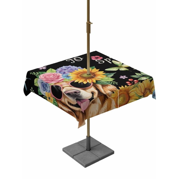 Outdoor Tablecloth with Umbrella Hole for Patio/Picnic/Party/Camping, Spring Dog Waterproof Table Cloth Square Cover Washable, Black Watercolor Botanical Floral Sunflower (54"x 54")