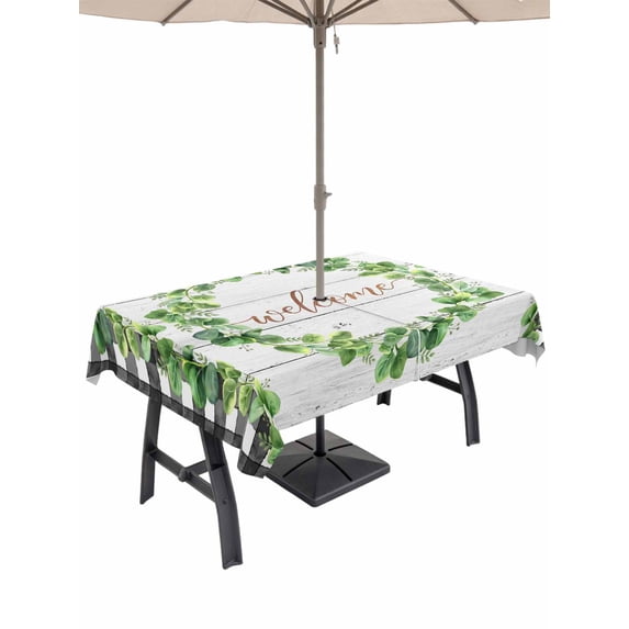 Outdoor Tablecloth with Umbrella Hole for Patio/Picnic/Party/Camping, Spring Eucalyptus Leaves Waterproof Table Cloth Rectangle Table Cover Washable, Farmhouse Botanical Gray Wood (52"x 70")