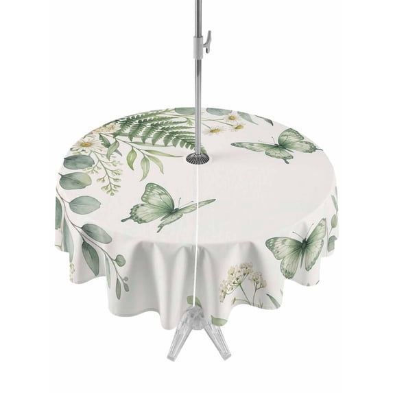 Outdoor Tablecloth with Umbrella Hole for Patio/Picnic/Party/Camping, Spring Eucalyptus Waterproof Table Cloth Round Cover Washable, Garden Botanical Leaves Butterflies (Dia 54")