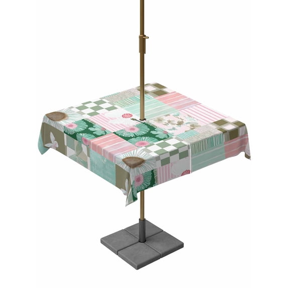 Outdoor Tablecloth with Umbrella Hole for Patio/Picnic/Party/Camping, Spring Floral Checkered Waterproof Table Cloth Square Cover Washable, Turquoise Pink Buffalo Plaid (54"x 54")