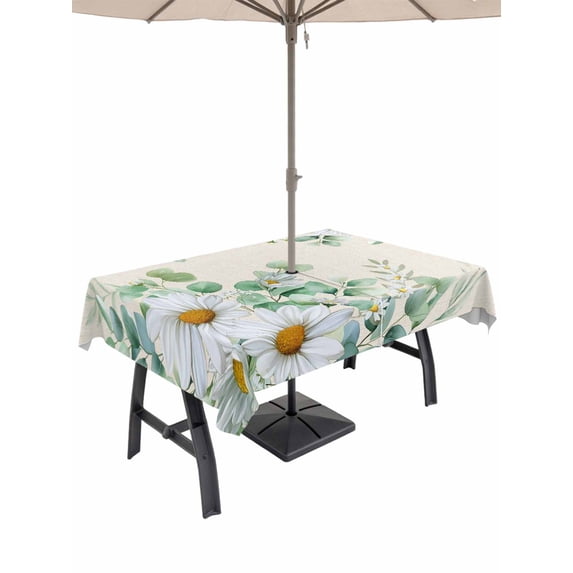 Outdoor Tablecloth with Umbrella Hole for Patio/Picnic/Party/Camping, Spring Floral Waterproof Table Cloth Rectangle Table Cover Washable, Daisy Eucalyptus Leaves Watercolor Rustic (60"x 102")