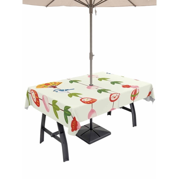 Outdoor Tablecloth with Umbrella Hole for Patio/Picnic/Party/Camping, Spring Floral Waterproof Table Cloth Rectangle Table Cover Washable, Green Botanical Summer Flower Birds (54"x 80")