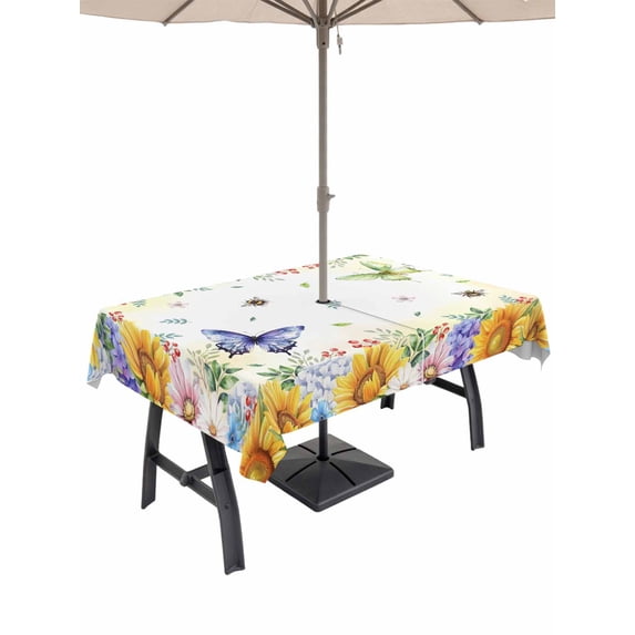 Outdoor Tablecloth with Umbrella Hole for Patio/Picnic/Party/Camping, Spring Floral Waterproof Table Cloth Rectangle Table Cover Washable, Hydrangea Sunflowers Butterflies Watercolor (60"x 102")