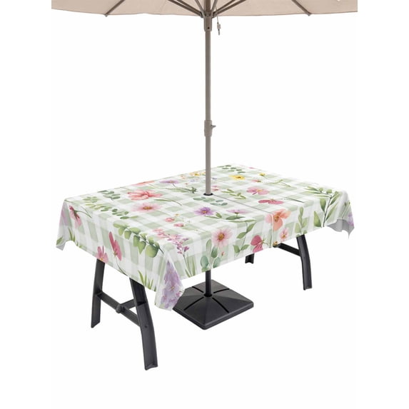 Outdoor Tablecloth with Umbrella Hole for Patio/Picnic/Party/Camping, Spring Floral Waterproof Table Cloth Rectangle Table Cover Washable, Pink Flowers Green Plaid Pastoral (60"x 84")