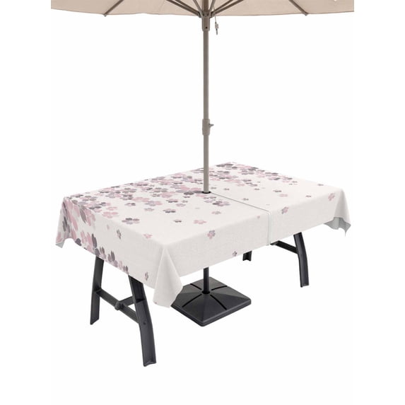 Outdoor Tablecloth with Umbrella Hole for Patio/Picnic/Party/Camping, Spring Floral Waterproof Table Cloth Rectangle Table Cover Washable, Pink Gray Cherry Blossom Flowers Beige (60"x 84")