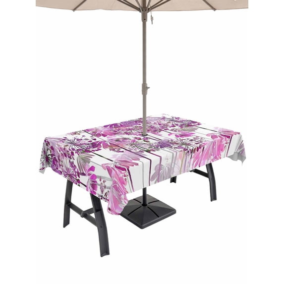 Outdoor Tablecloth with Umbrella Hole for Patio/Picnic/Party/Camping, Spring Floral Waterproof Table Cloth Rectangle Table Cover Washable, Pink Onion Dandelion Flowers Botanical (52"x 70")