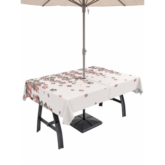 Outdoor Tablecloth with Umbrella Hole for Patio/Picnic/Party/Camping, Spring Floral Waterproof Table Cloth Rectangle Table Cover Washable, Red Gray Cherry Flowers Blossom Beige (60"x 84")