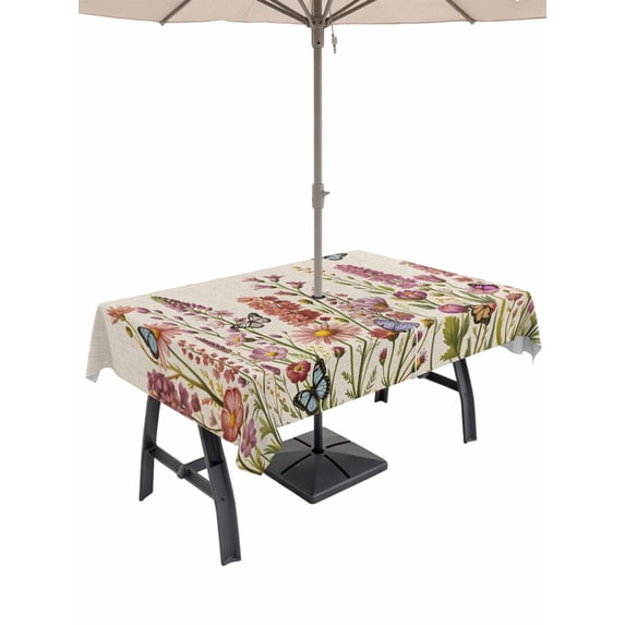 Outdoor Tablecloth with Umbrella Hole for Patio/Picnic/Party/Camping, Spring Floral Waterproof Table Cloth Rectangle Table Cover Washable, Watercolor Lavender Daisy Butterflies Beige (60"x 102")