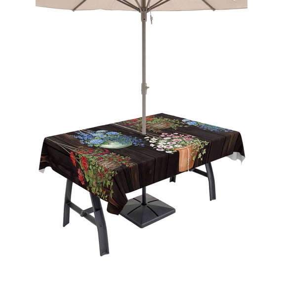 Outdoor Tablecloth with Umbrella Hole for Patio/Picnic/Party/Camping, Spring Floral Waterproof Table Cloth Rectangle Table Cover Washable, Wooden Flowers Elegant Pastoral Botanical (60"x 84")