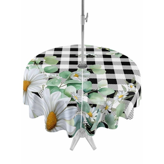Outdoor Tablecloth with Umbrella Hole for Patio/Picnic/Party/Camping, Spring Floral Waterproof Table Cloth Round Cover Washable, Daisy Eucalyptus Leaves Black White Plaid (Dia 54")