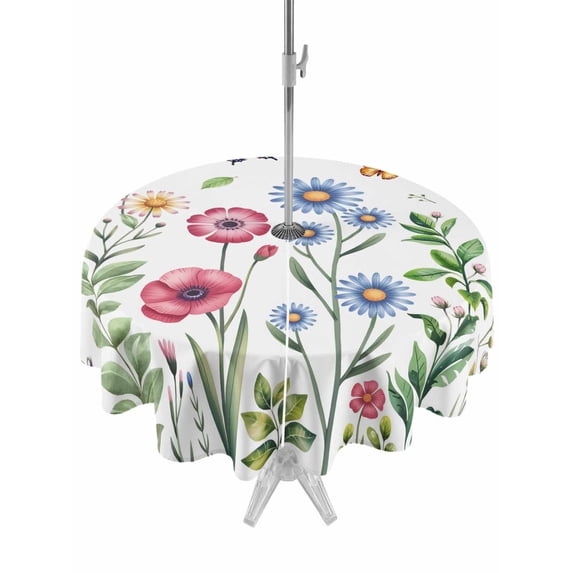 Outdoor Tablecloth with Umbrella Hole for Patio/Picnic/Party/Camping, Spring Floral Waterproof Table Cloth Round Cover Washable, Pink Blue Flowers Botanical Butterflies (Dia 54")