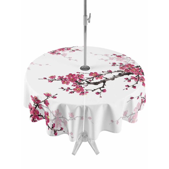 Outdoor Tablecloth with Umbrella Hole for Patio/Picnic/Party/Camping, Spring Floral Waterproof Table Cloth Round Cover Washable, Red Cherry Flowers Branches Oil Painting Art (Dia 60")