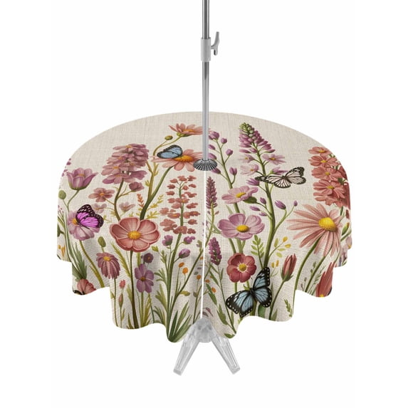 Outdoor Tablecloth with Umbrella Hole for Patio/Picnic/Party/Camping, Spring Floral Waterproof Table Cloth Round Cover Washable, Watercolor Lavender Daisy Butterflies Beige (Dia 60")
