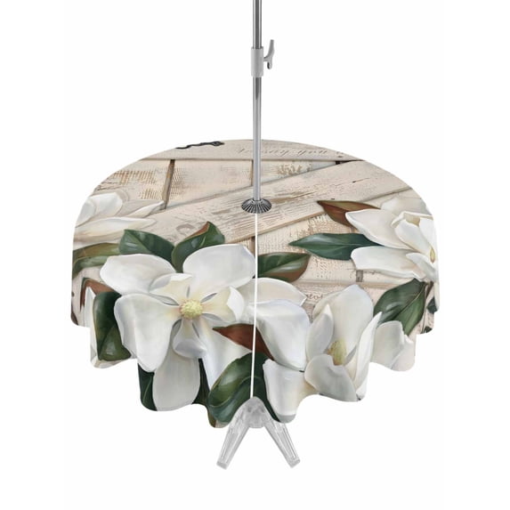 Outdoor Tablecloth with Umbrella Hole for Patio/Picnic/Party/Camping, Spring Floral Waterproof Table Cloth Round Cover Washable, White Magnolia Flowers Barn Door Farmhouse Beige (Dia 54")