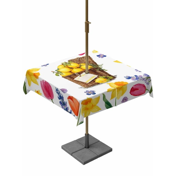 Outdoor Tablecloth with Umbrella Hole for Patio/Picnic/Party/Camping, Spring Floral Waterproof Table Cloth Square Cover Washable, Watercolor Lemons in Basket Garden Flowers (54"x 54")