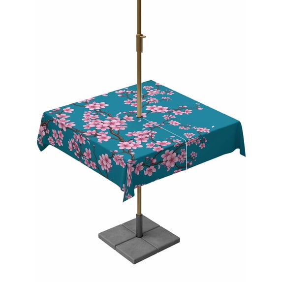 Outdoor Tablecloth with Umbrella Hole for Patio/Picnic/Party/Camping, Spring Floral Waterproof Table Cloth Square Cover Washable, Watercolor Pink Cherry Blossom Branches Blue (54"x 54")