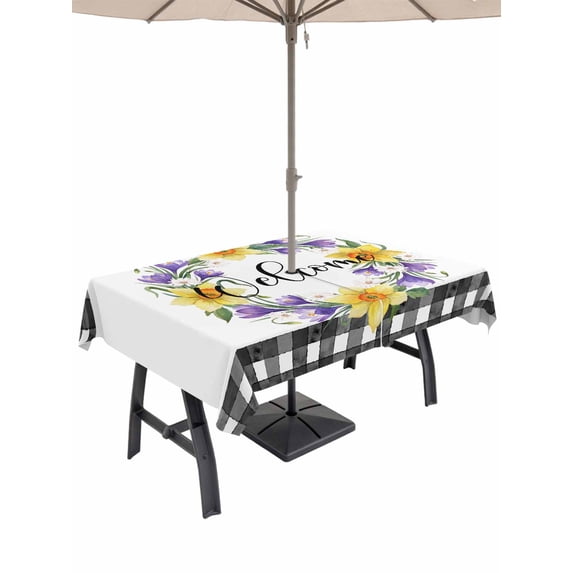 Outdoor Tablecloth with Umbrella Hole for Patio/Picnic/Party/Camping, Spring Flowers Waterproof Table Cloth Rectangle Table Cover Washable, Country Botanical Leaves Garland Farm Plaid (60"x 102")