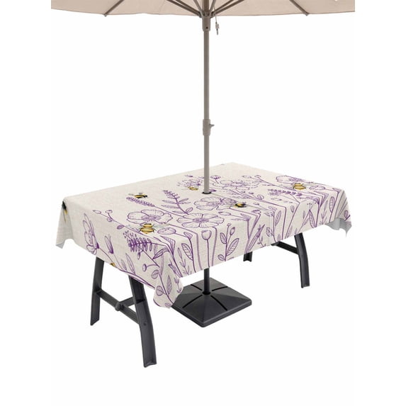 Outdoor Tablecloth with Umbrella Hole for Patio/Picnic/Party/Camping, Spring Flowers Waterproof Table Cloth Rectangle Table Cover Washable, Farmhouse Botanical Purple Floral Bees (60"x 102")