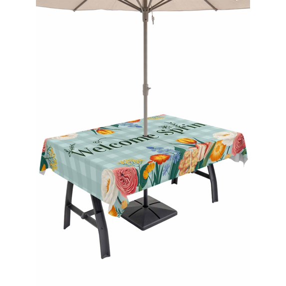 Outdoor Tablecloth with Umbrella Hole for Patio/Picnic/Party/Camping, Spring Flowers Waterproof Table Cloth Rectangle Table Cover Washable, Nature Botanical Wildflower Garden Plaid (52"x 70")