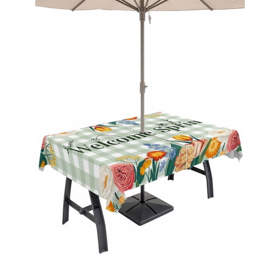Outdoor Tablecloth with Umbrella Hole for Patio/Picnic/Party/Camping, Spring Flowers Waterproof Table Cloth Rectangle Table Cover Washable, Seasonal Botanical Garden Florals Plaid (60"x 84")