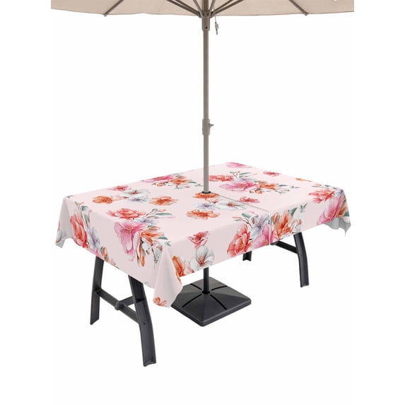 Outdoor Tablecloth with Umbrella Hole for Patio/Picnic/Party/Camping, Spring Flowers Waterproof Table Cloth Rectangle Table Cover Washable, Watercolor Pink Orange Floral Romantic Rustic (54"x 80")