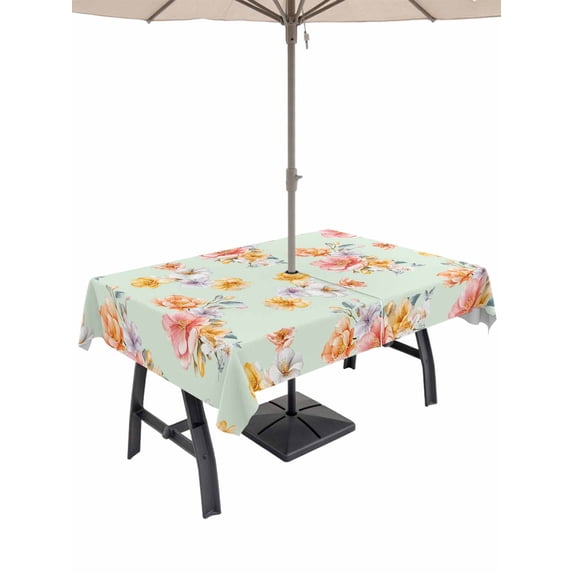 Outdoor Tablecloth with Umbrella Hole for Patio/Picnic/Party/Camping, Spring Flowers Waterproof Table Cloth Rectangle Table Cover Washable, Yellow Pink Floral Rustic Botanical Green (54"x 80")