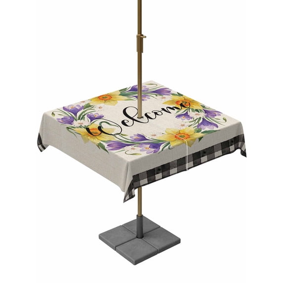 Outdoor Tablecloth with Umbrella Hole for Patio/Picnic/Party/Camping, Spring Flowers Waterproof Table Cloth Square Cover Washable, Country Botanical Leaves Garland Retro Plaid (54"x 54")