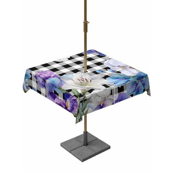 Outdoor Tablecloth with Umbrella Hole for Patio/Picnic/Party/Camping, Spring Flowers Waterproof Table Cloth Square Cover Washable, Watercolor Blossom Floral Black Plaid (60"x 60")