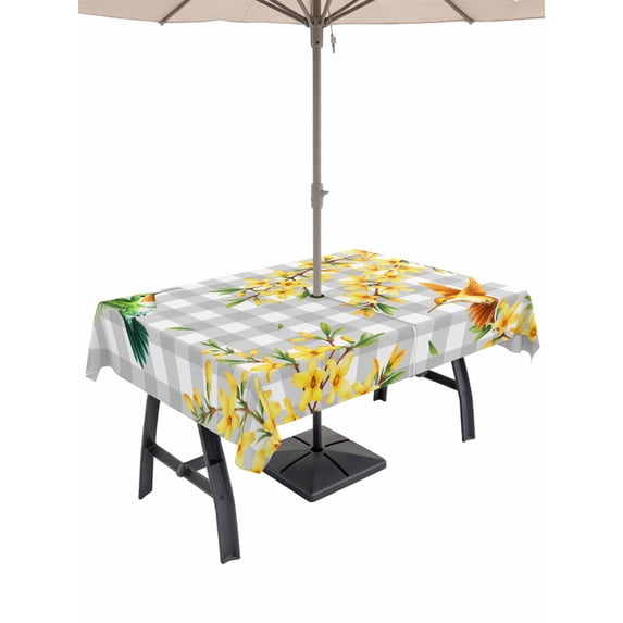 Outdoor Tablecloth with Umbrella Hole for Patio/Picnic/Party/Camping, Spring Forsythia Flowers Waterproof Table Cloth Rectangle Table Cover Washable, Yellow Floral Hummingbird Gray Plaid (54"x 80")