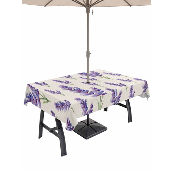 Outdoor Tablecloth with Umbrella Hole for Patio/Picnic/Party/Camping, Spring Lavender Waterproof Table Cloth Rectangle Table Cover Washable, Country Botanical Watercolor Flowers (54"x 80")