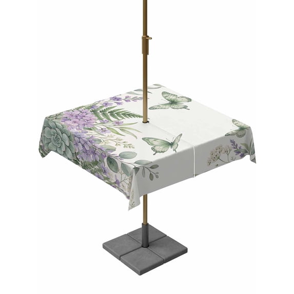 Outdoor Tablecloth with Umbrella Hole for Patio/Picnic/Party/Camping, Spring Lavender Waterproof Table Cloth Square Cover Washable, Garden Botanical Leaves Butterflies (60"x 60")