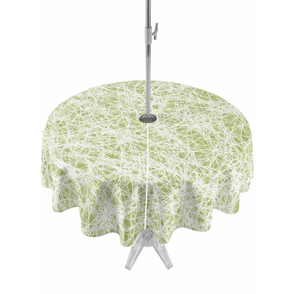 Outdoor Tablecloth with Umbrella Hole for Patio/Picnic/Party/Camping, Spring Lime Green Cobweb Waterproof Table Cloth Round Cover Washable, Abstract Minimalist Lines (Dia 60")