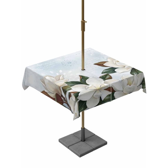 Outdoor Tablecloth with Umbrella Hole for Patio/Picnic/Party/Camping, Spring Magnolia Flower Waterproof Table Cloth Square Cover Washable, White Floral Botanical Light Blue (54"x 54")