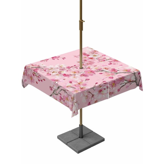 Outdoor Tablecloth with Umbrella Hole for Patio/Picnic/Party/Camping, Spring Peaches Waterproof Table Cloth Square Cover Washable, Botanical Blossom Flowers Branches (60"x 60")