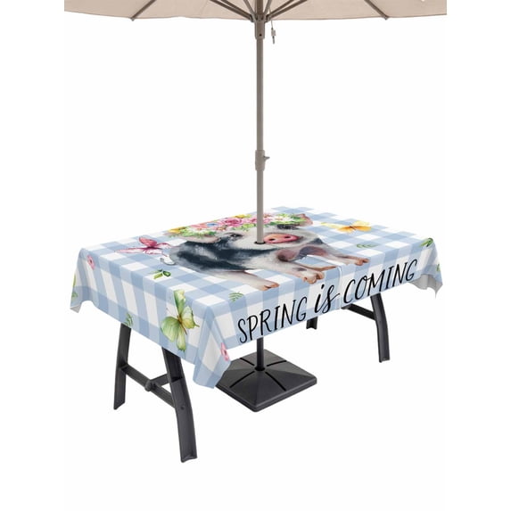 Outdoor Tablecloth with Umbrella Hole for Patio/Picnic/Party/Camping, Spring Pig Waterproof Table Cloth Rectangle Table Cover Washable, Butterfly Botanical Floral Blue Plaid (60"x 102")