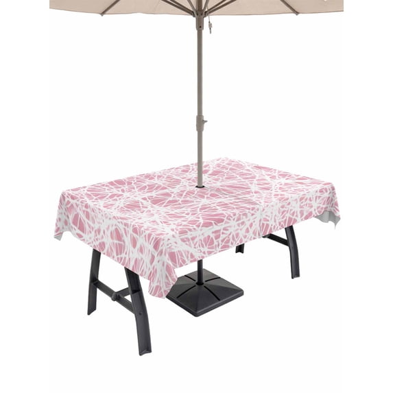 Outdoor Tablecloth with Umbrella Hole for Patio/Picnic/Party/Camping, Spring Pink Cobweb Waterproof Table Cloth Rectangle Table Cover Washable, Abstract Boho Farmhouse Lines (52"x 70")