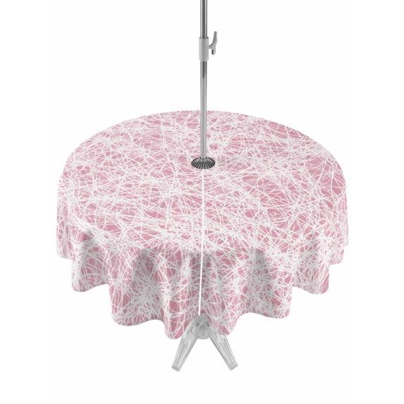 Outdoor Tablecloth with Umbrella Hole for Patio/Picnic/Party/Camping, Spring Pink Cobweb Waterproof Table Cloth Round Cover Washable, Abstract Boho Farmhouse Lines (Dia 60")