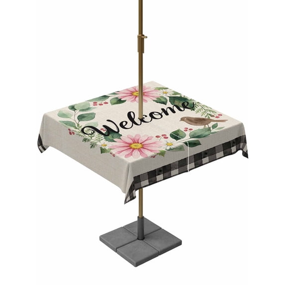 Outdoor Tablecloth with Umbrella Hole for Patio/Picnic/Party/Camping, Spring Pink Flowers Waterproof Table Cloth Square Cover Washable, Country Plants Leaves Bird Retro Plaid (60"x 60")