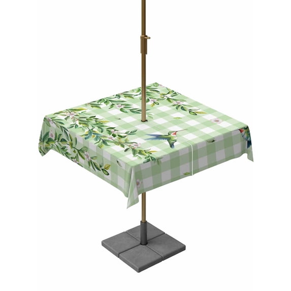Outdoor Tablecloth with Umbrella Hole for Patio/Picnic/Party/Camping, Spring Plants Waterproof Table Cloth Square Cover Washable, Watercolor Birds Leaves Flowers Green Plaid (54"x 54")