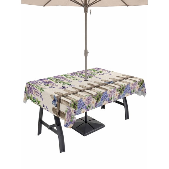Outdoor Tablecloth with Umbrella Hole for Patio/Picnic/Party/Camping, Spring Purple Flowers Waterproof Table Cloth Rectangle Table Cover Washable, Farmhouse Leaves Fences Burlap (60"x 102")