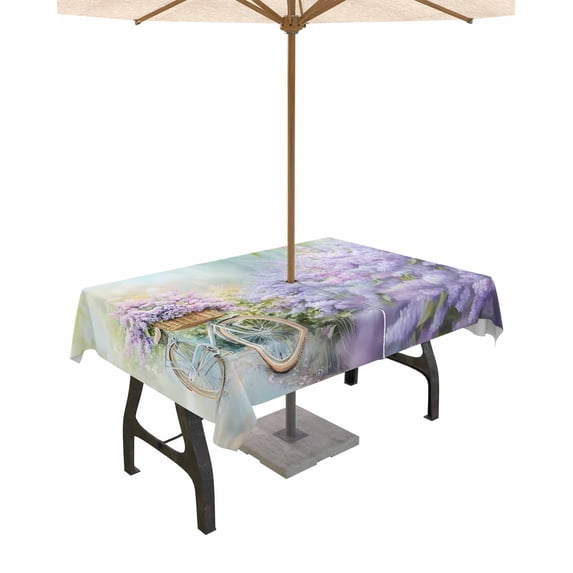 Outdoor Tablecloth with Umbrella Hole for Patio/Picnic/Party/Camping, Spring Purple Lavender Waterproof Table Cloth Rectangle Table Cover Washable, Flowers Bike Pastoral Country 60"x 102"
