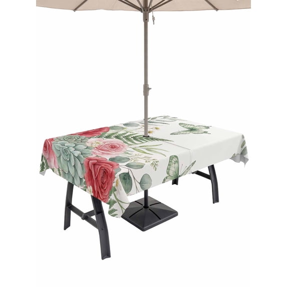 Outdoor Tablecloth with Umbrella Hole for Patio/Picnic/Party/Camping, Spring Roses Waterproof Table Cloth Rectangle Table Cover Washable, Garden Botanical Leaves Butterflies (60"x 84")