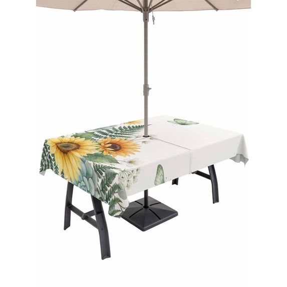 Outdoor Tablecloth with Umbrella Hole for Patio/Picnic/Party/Camping, Spring Sunflower Waterproof Table Cloth Rectangle Table Cover Washable, Garden Botanical Leaves Butterflies (52"x 70")