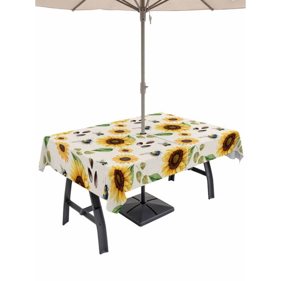 Outdoor Tablecloth with Umbrella Hole for Patio/Picnic/Party/Camping, Spring Sunflowers Waterproof Table Cloth Rectangle Table Cover Washable, Country Floral Bees Rustic Botanical (54"x 80")