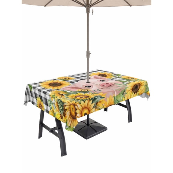 Outdoor Tablecloth with Umbrella Hole for Patio/Picnic/Party/Camping, Spring Sunflowers Waterproof Table Cloth Rectangle Table Cover Washable, Country Pig Plants Animals Farmhouse Plaid (54"x 80")