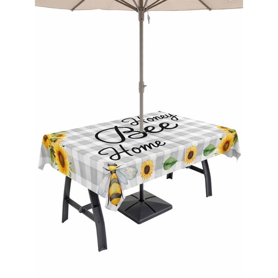 Outdoor Tablecloth with Umbrella Hole for Patio/Picnic/Party/Camping, Spring Sunflowers Waterproof Table Cloth Rectangle Table Cover Washable, Summer Blooms Flowers Bees Grey Check (60"x 120")