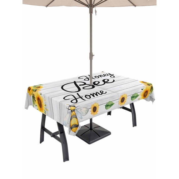 Outdoor Tablecloth with Umbrella Hole for Patio/Picnic/Party/Camping, Spring Sunflowers Waterproof Table Cloth Rectangle Table Cover Washable, Summer Flowers Bees Wooden Grain (60"x 84")