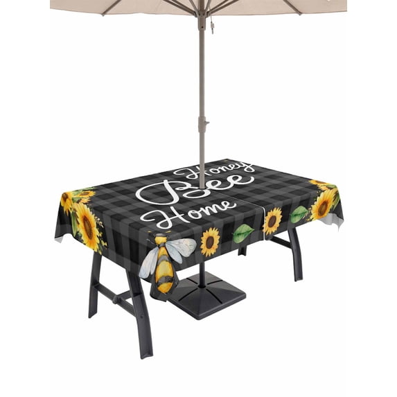 Outdoor Tablecloth with Umbrella Hole for Patio/Picnic/Party/Camping, Spring Sunflowers Waterproof Table Cloth Rectangle Table Cover Washable, Summer Yellow Flowers Bees Plaid (60"x 120")