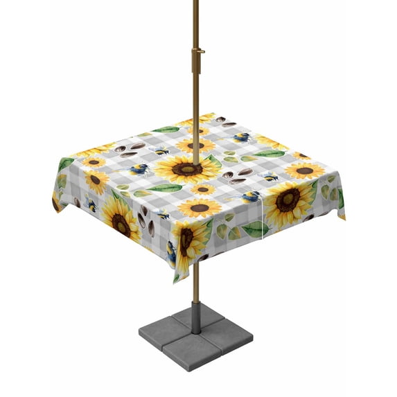 Outdoor Tablecloth with Umbrella Hole for Patio/Picnic/Party/Camping, Spring Sunflowers Waterproof Table Cloth Square Cover Washable, Rustic Floral Farmhouse Grey Buffalo Plaid (60"x 60")