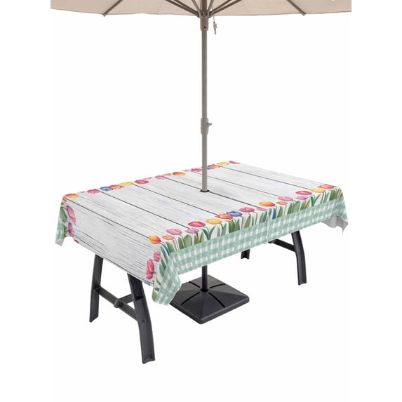 Outdoor Tablecloth with Umbrella Hole for Patio/Picnic/Party/Camping, Spring Tulip Waterproof Table Cloth Rectangle Table Cover Washable, Botanical Flowers Wooden Plank Green Check (60"x 102")